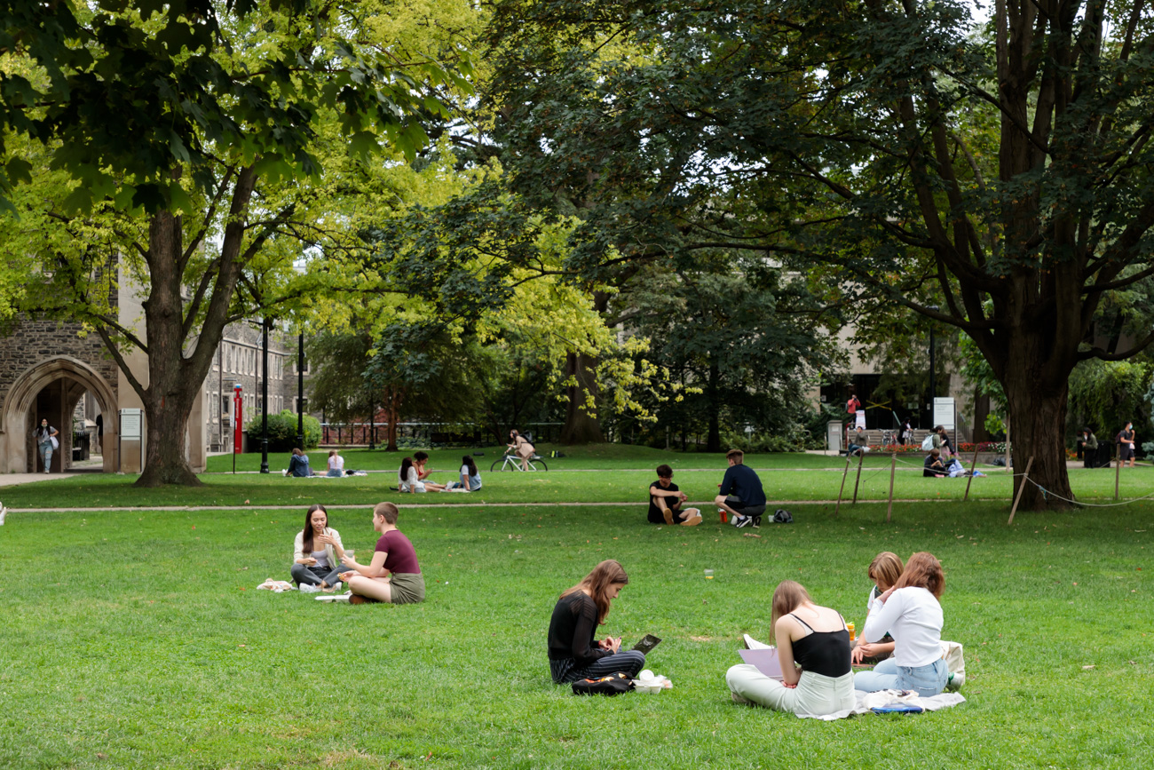 students sitting together on a large grassy lawn